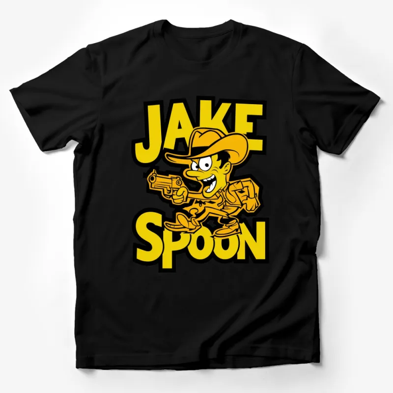 Cowboy Cartoon Character Jake Spoon Graphic T-Shirt, Fun Yellow and Black Tee, Western Style Apparel Male T-Shirt