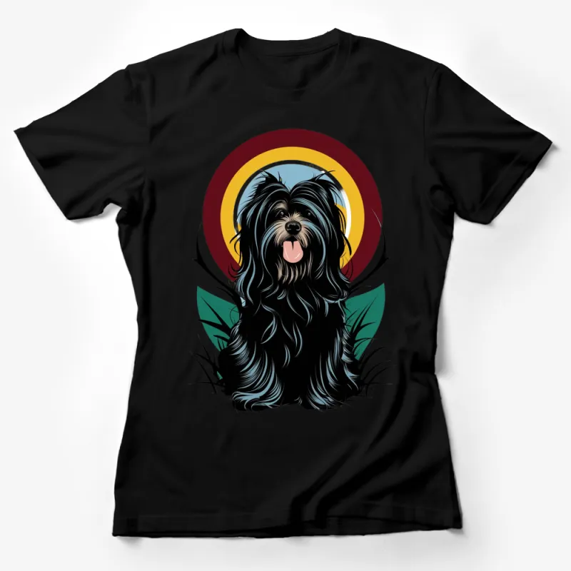 Colorful Vintage-Inspired Dog T-Shirt, Retro Style Black Shaggy Dog with Vibrant Background Female T-Shirt