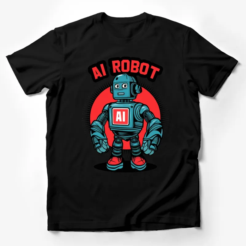 AI Robot Graphic T-Shirt, Retro Robot Design, Youthful Cool Robot Tee, Red and Blue Male T-Shirt