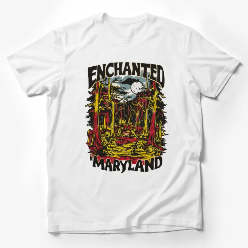 Enchanted Maryland Forest and Moon Graphic T-Shirt, Mystical Nature Trees Skulls Art, Unisex Fashion Tee Male T-Shirt