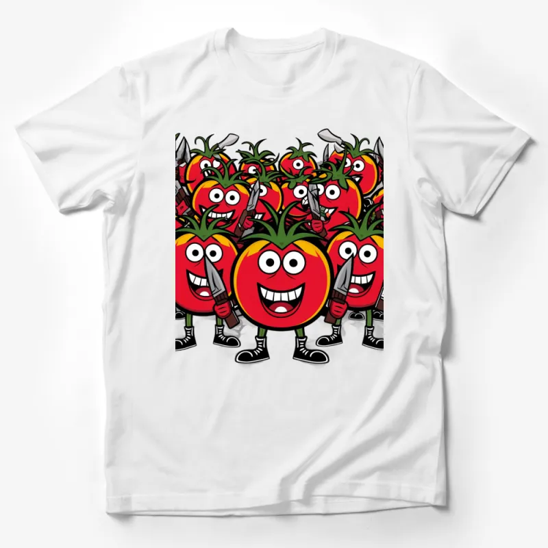 Funny Tomato Knife Gang Cartoon T-Shirt, Quirky Red Tomato Graphic Tee, Unique Tomato Lover Gift, Unisex T-Shirt Design Male T-Shirt