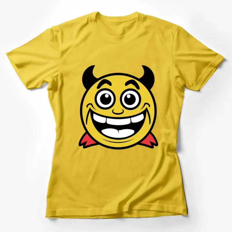 Funny Devil Emoji T-Shirt, Yellow Devilish Grin Graphic Tee, Casual Unisex Shirt for All Ages Female T-Shirt