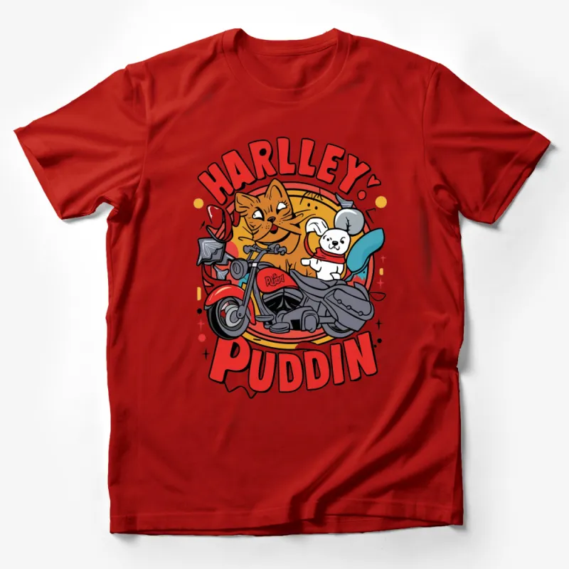 Harley Puddin Cartoon Cat and Dog Riding Motorcycle T-Shirt, Fun Animal Biker Graphic Tee, Unisex Shirt Male T-Shirt