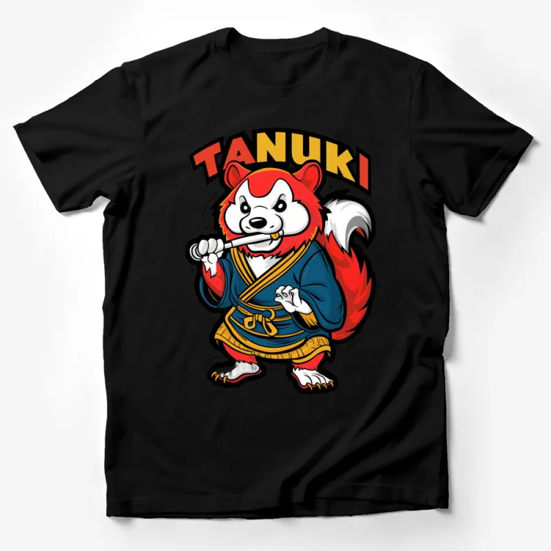 Tanuki Samurai Cartoon Graphic T-Shirt, Japanese Folklore Inspired Casual Tee, Unisex Male T-Shirt