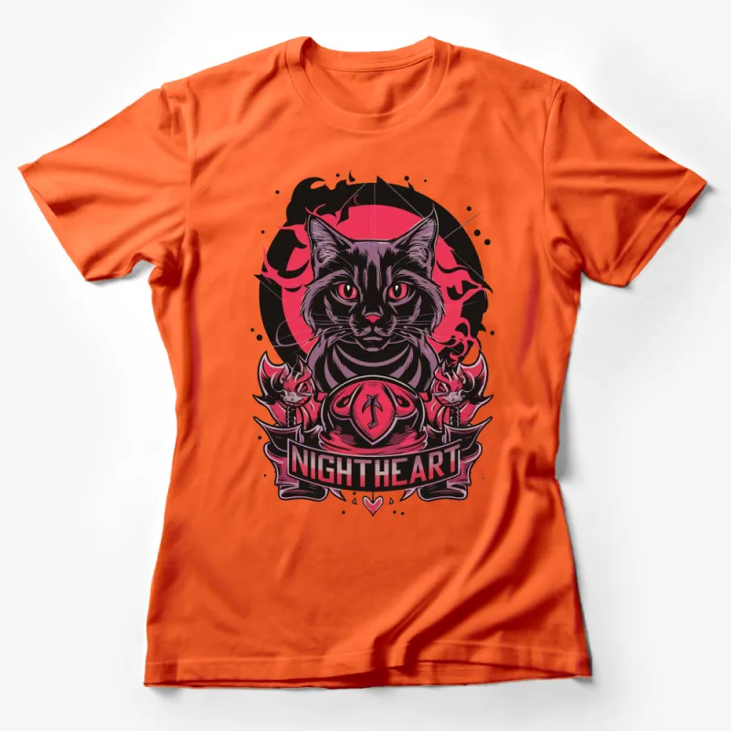 Night Heart Mystical Cat T-Shirt, Black and Red Graphic Tee, Fantasy Feline Art, Unique Cat Lover Gift, Unisex Shirt Female T-Shirt