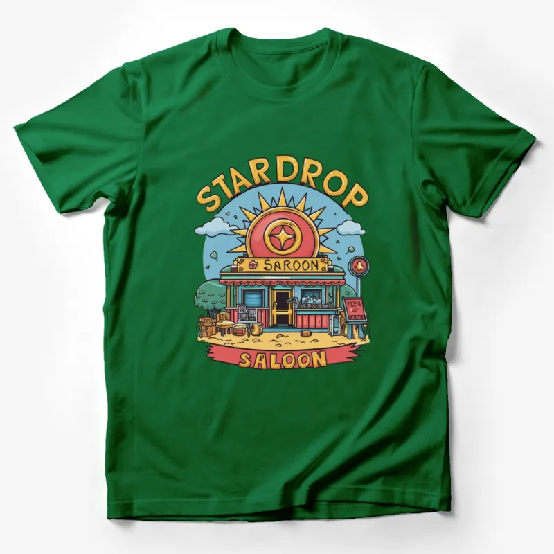 Vintage Stardrop Saloon T-Shirt, Retro Arcade Graphic Tee, Colorful Sunset Design, Casual Wear Male T-Shirt