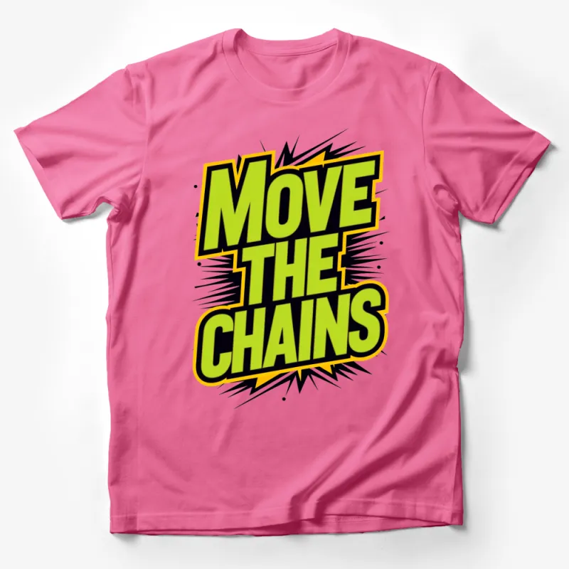 Move The Chains Bold Graphic T-Shirt, Bright Yellow and Black Sports Tee, Eye-Catching Casual Streetwear Male T-Shirt