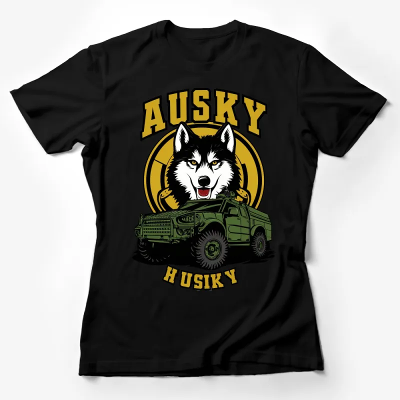 Husky Graphic Tee, Military Truck and Dog, Adventure T-Shirt, Cool Pet Lover Gift, Unisex T-Shirt Design Female T-Shirt