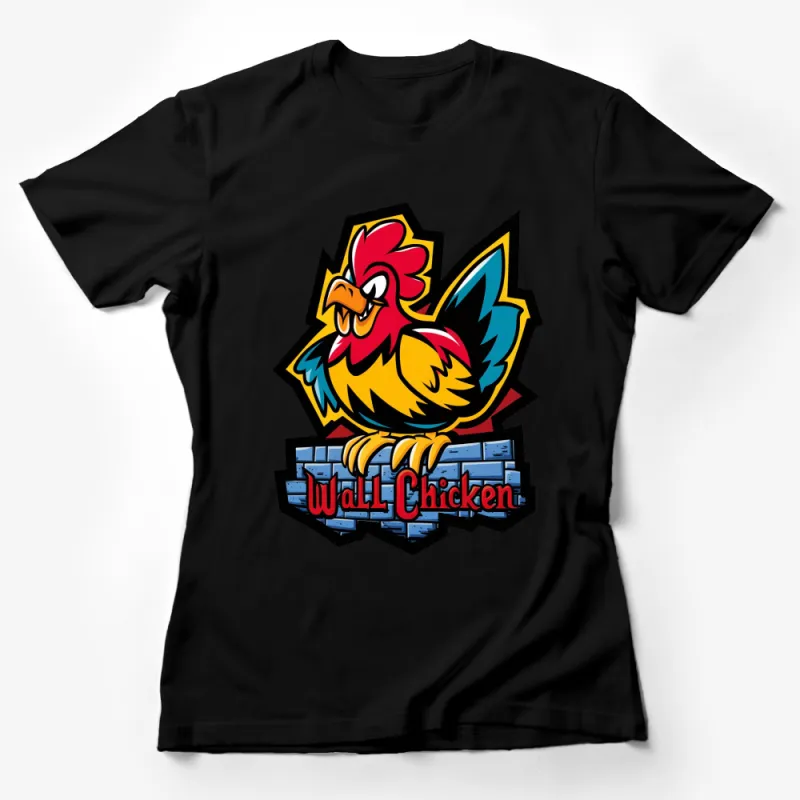 Colorful Wall Chicken Cartoon Graphic T-Shirt, Fun Farm Animal Themed Tee, Bold Vibrant Design for All Ages Female T-Shirt