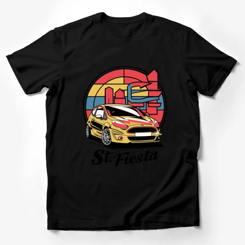 Vibrant St. Fiesta Car Graphic T-Shirt, Colorful Urban Skyline, Racing Enthusiast Tee, Unique Automobile Apparel Male T-Shirt