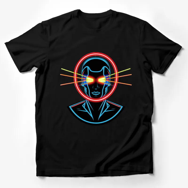 Neon Laser Eyes Futuristic Face Art T-Shirt, Unisex Sci-Fi Cyberpunk Apparel, Bold Graphic Tee, Gift for Tech Lovers Male T-Shirt