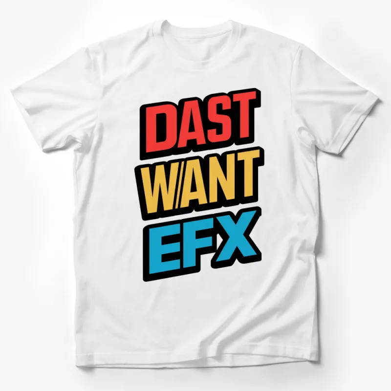 Bold DAST WANT EFX Graphic T-Shirt, Vibrant Color Block Letters, Street Style Urban Tee Male T-Shirt