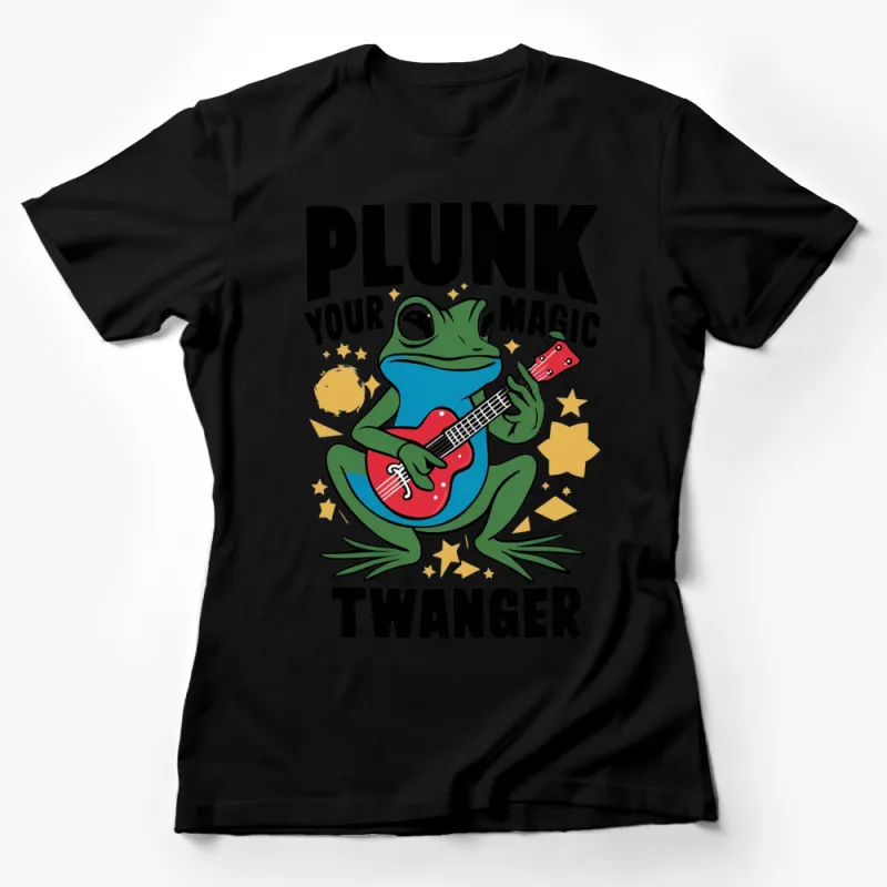 Plunk Your Magic Twanger Frog T-Shirt, Retro Comic Frog Playing Guitar Graphic Tee, Unique Vintage Style Musician Shirt Female T-Shirt