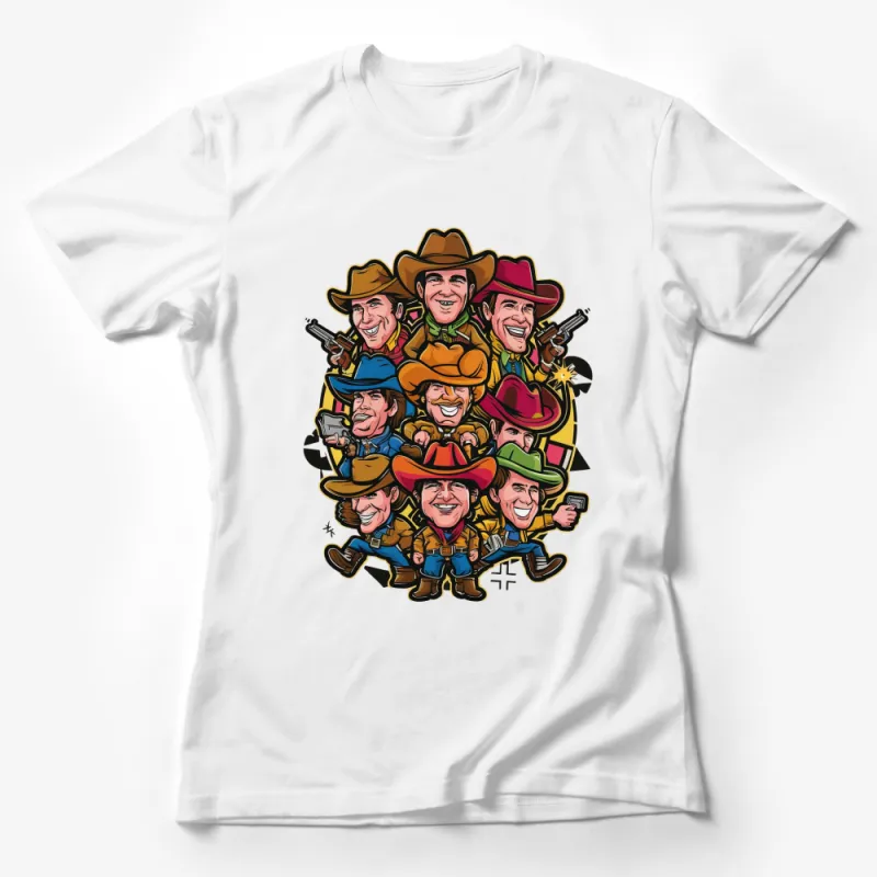 Vintage Western Cowboy Caricature T-Shirt, Classic Movie Characters, Old West Gunslingers Tee Female T-Shirt