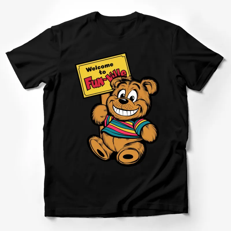 Funville Welcome Sign Teddy Bear Graphic T-Shirt, Cute Cartoon Bear Tee, Colorful Kids' and Adults' Casual Wear Male T-Shirt