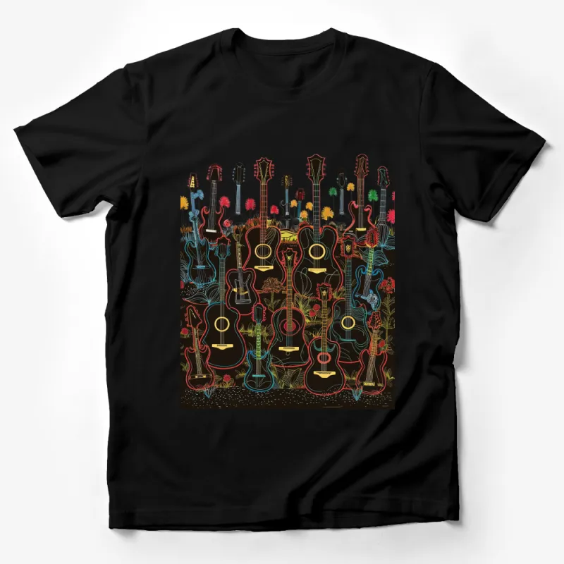 Unique Guitar Print T-Shirt, Colorful Musician Gift, Unisex Guitar Lover Tee, All Sizes Available Male T-Shirt