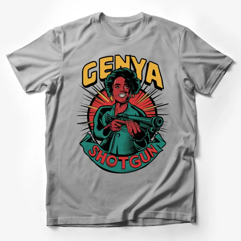 Vintage Genya Shotgun Comic Style Graphic T-Shirt, Retro Pop Art Tee, Bold Colorful Design Male T-Shirt