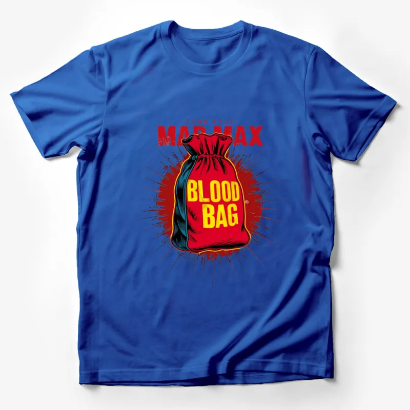 Mad Max Blood Bag T-Shirt, Unique Tebo Style Red Bag Print, Vibrant Graphic Tee, Movie Inspired Apparel Male T-Shirt