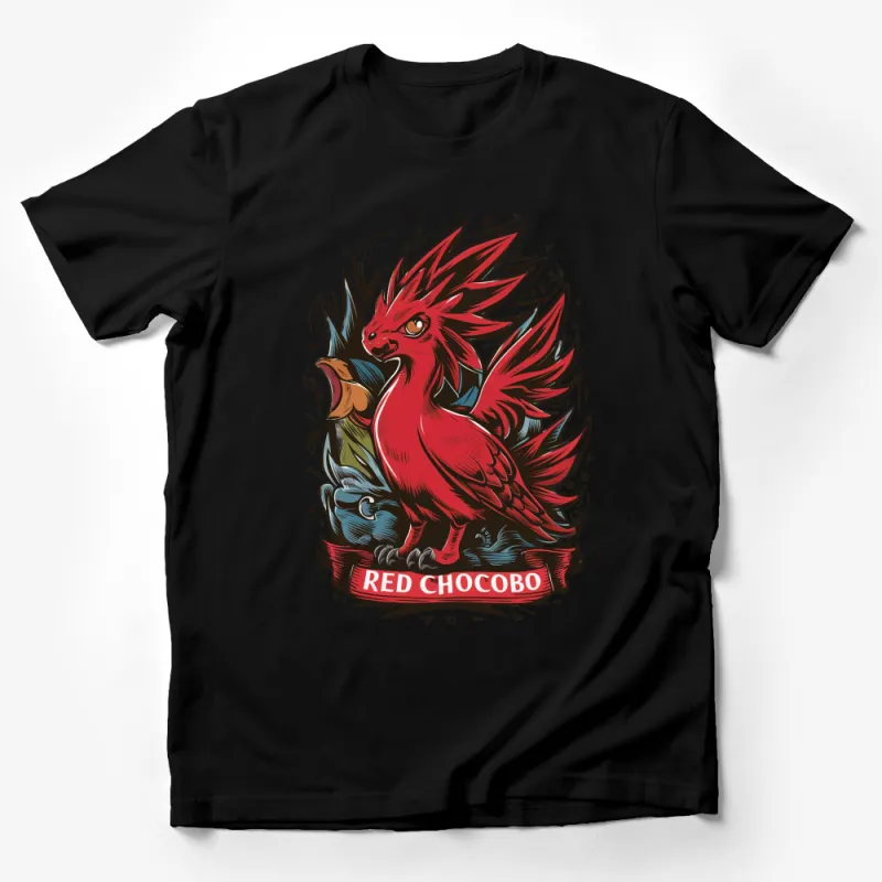 Red Chocobo Graphic T-Shirt, Mythical Bird Illustration, Vibrant Bird Art Tee, Fantasy Lover Gift Male T-Shirt