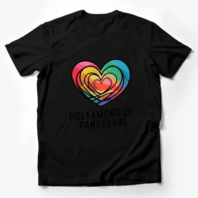 Colorful Polyamorous Pansexual Heart T-Shirt, LGBTQ+ Pride Wear, Rainbow Graphic Tee, Inclusive Fashion Male T-Shirt