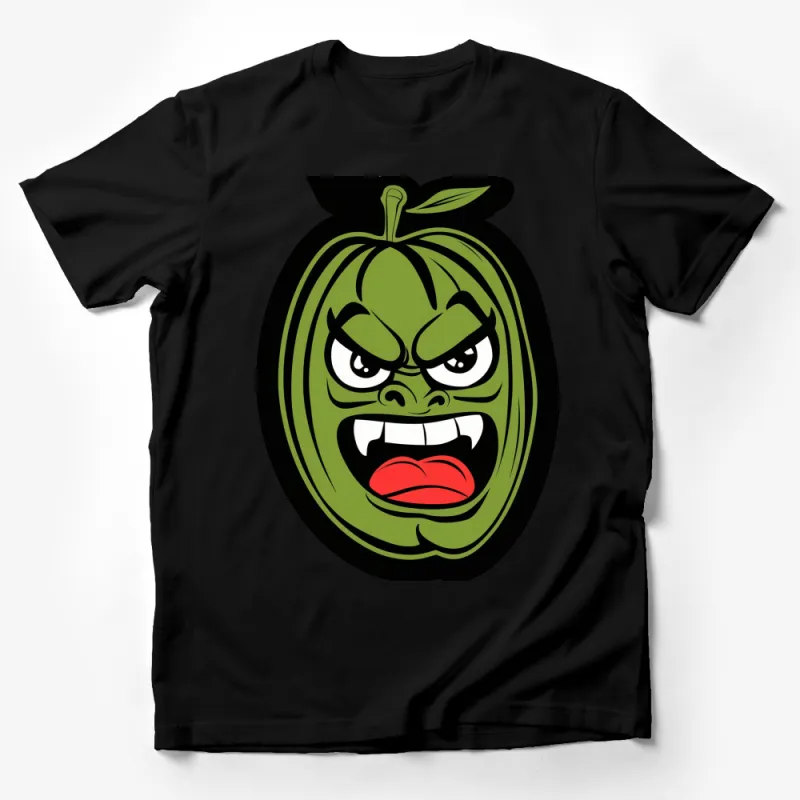 Angry Green Apple Cartoon Face T-Shirt, Funny Fruit Graphic Tee, Unique Gift for Fruit Lovers Male T-Shirt