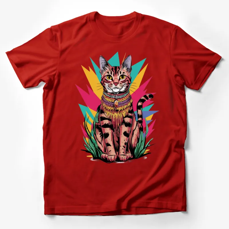 Colorful Tabby Cat T-Shirt, Hipster Cat with Scarf, Unique Cat Lover Gift, Vibrant Graphic Tee Male T-Shirt