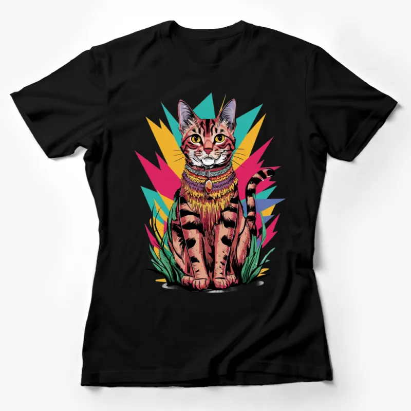 Colorful Tabby Cat T-Shirt, Hipster Cat with Scarf, Unique Cat Lover Gift, Vibrant Graphic Tee Female T-Shirt