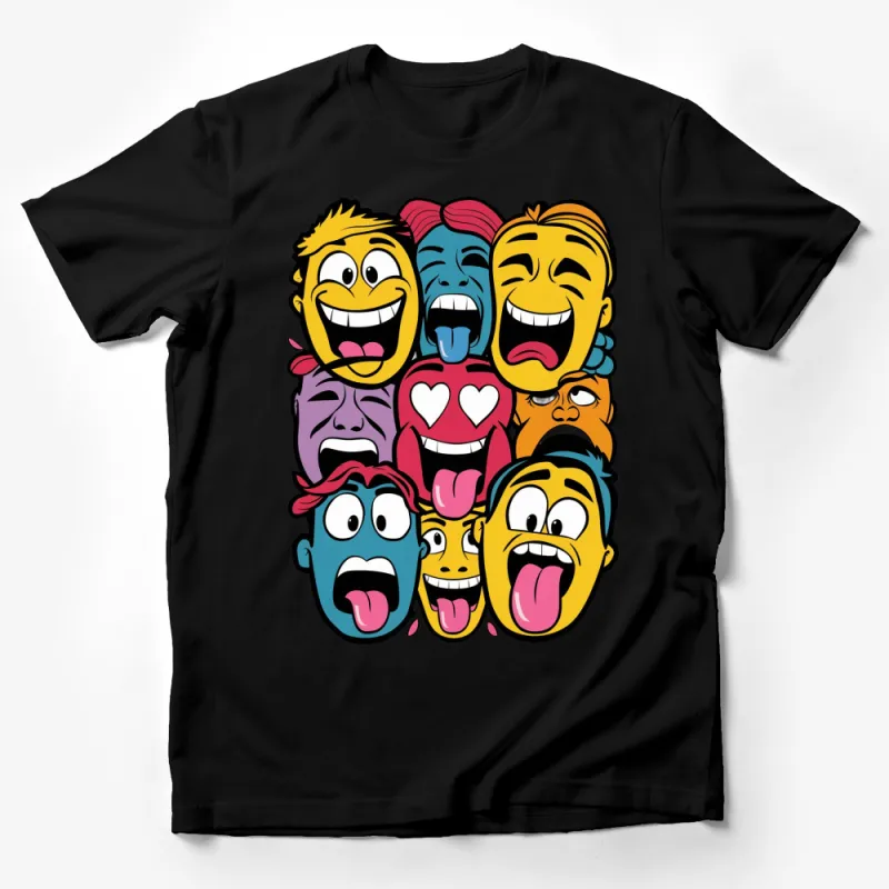 Colorful Cartoon Faces T-Shirt, Fun Emotion Expression Graphic Tee, Unisex Adult and Kids Sizes Male T-Shirt