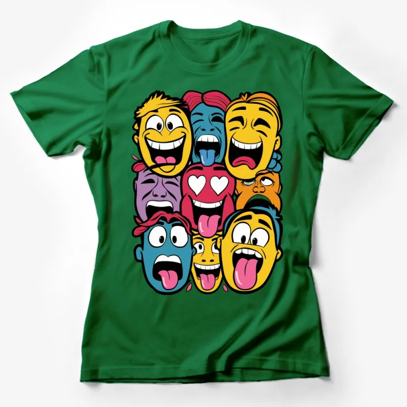 Colorful Cartoon Faces T-Shirt, Fun Emotion Expression Graphic Tee, Unisex Adult and Kids Sizes Female T-Shirt