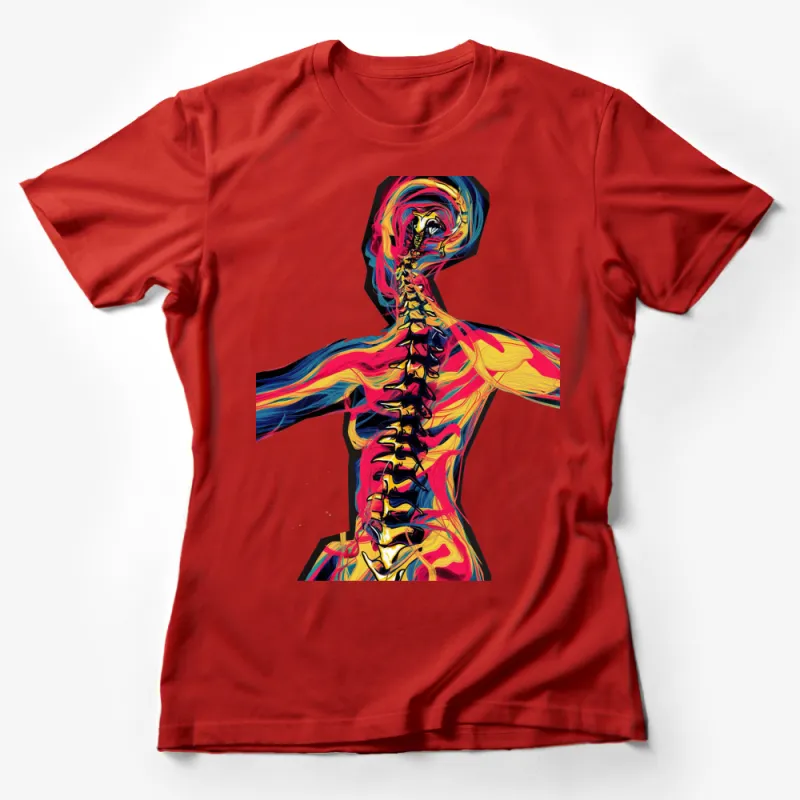 Colorful Abstract Anatomy Art T-Shirt, Vibrant Human Body and Spine Design, Unique Painterly Style Graphic Tee Female T-Shirt