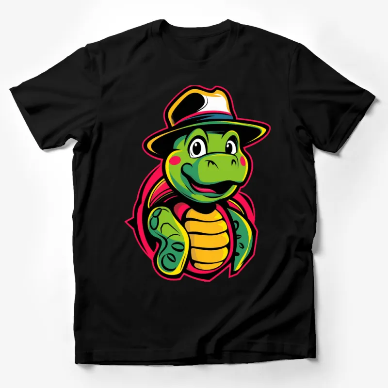 Cool Turtle with Hat Cartoon Graphic T-Shirt, Colorful Turtle Lover Tee, Unique Animal Design Casual Shirt Male T-Shirt