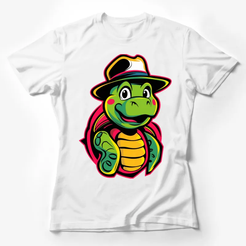 Cool Turtle with Hat Cartoon Graphic T-Shirt, Colorful Turtle Lover Tee, Unique Animal Design Casual Shirt Female T-Shirt