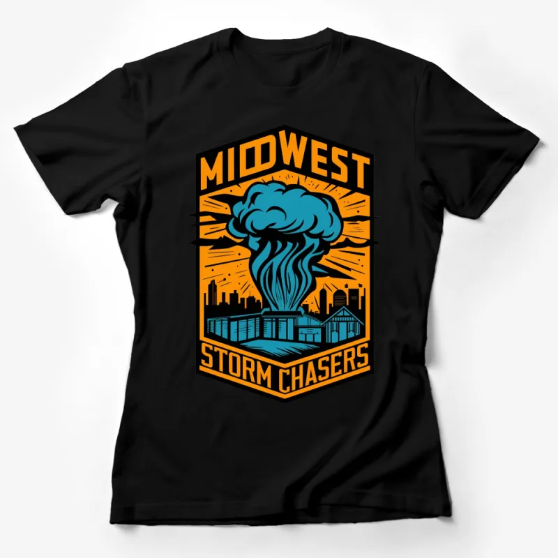 Midwest Storm Chasers T-Shirt, Retro Tornado Graphic Tee, Urban Skyline, Bold Colors Female T-Shirt