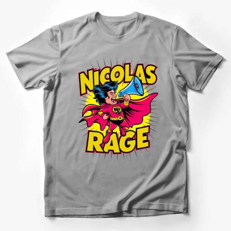 Nicolas Rage Superhero Design T-Shirt, Colorful Comic Art Tee, Fun Megaphone Hero Graphic Male T-Shirt