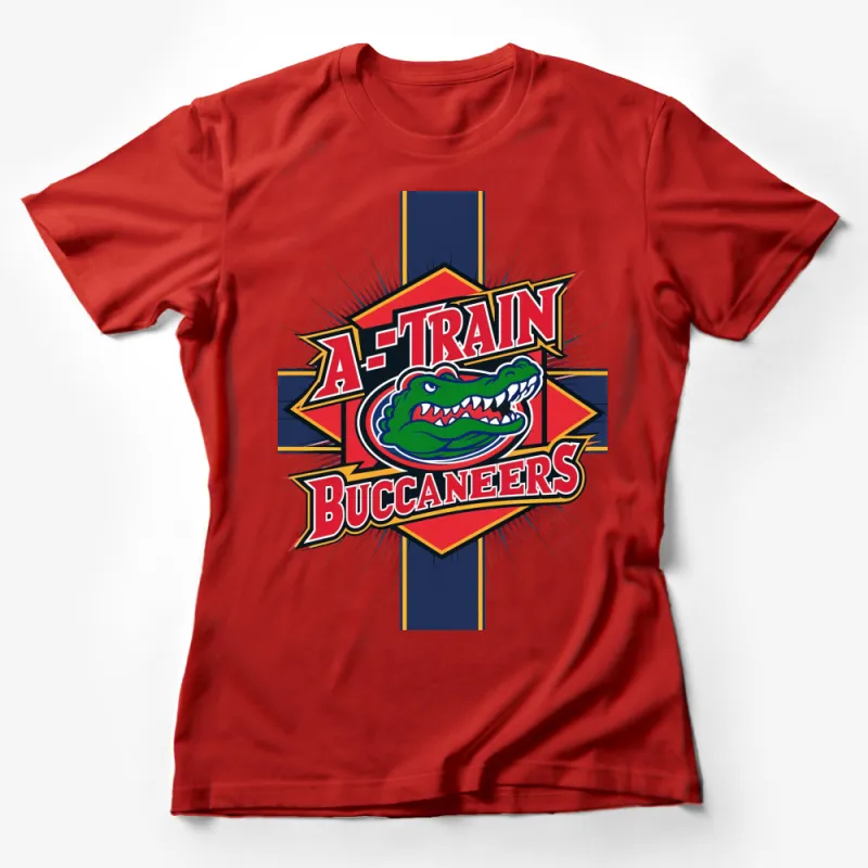 A-Train Buccaneers Graphic T-Shirt, Vibrant Alligator Logo, Bold Red and Blue Design, Sports Style Tee Female T-Shirt