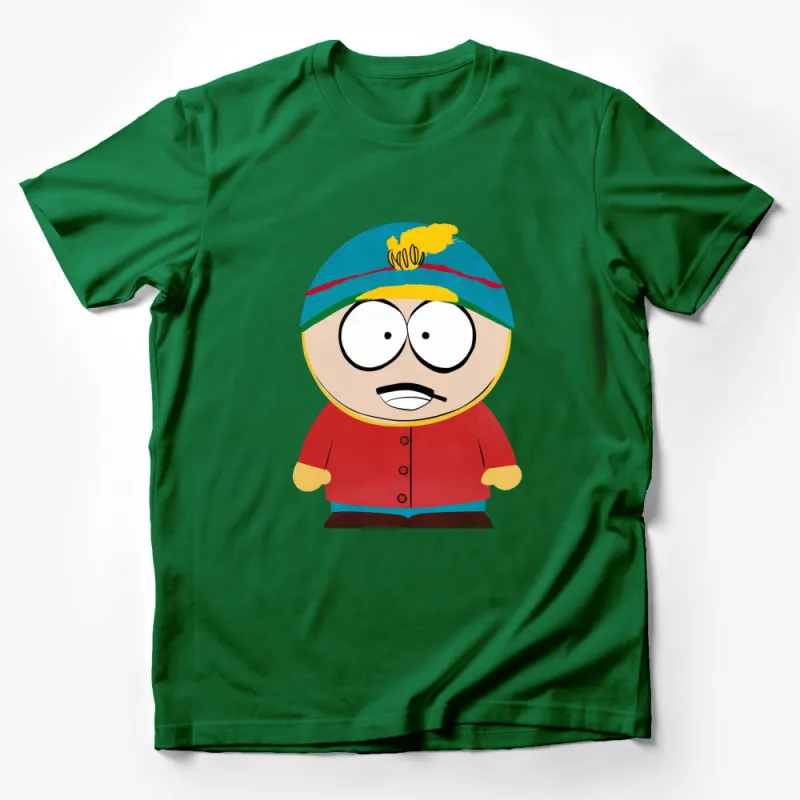 Cartoon Character Red Jacket Blue Hat Graphic T-Shirt, Fun Casual Wear for All Ages Male T-Shirt