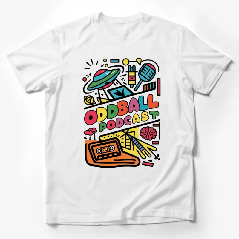 Oddball Podcast Colorful UFO and Microphone Graphic T-Shirt, Fun Unisex Apparel Male T-Shirt