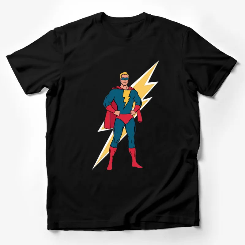 Superhero T-Shirt with Bold Lightning Design, Vintage Comic Style Apparel Male T-Shirt