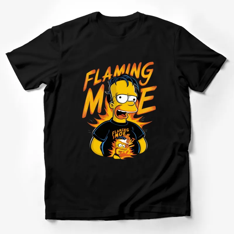 Flaming Moe T-Shirt, Cartoon Character Tee, Yellow and Flames Graphic, Unisex Fashion Top Male T-Shirt