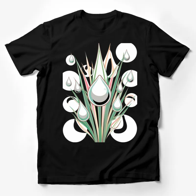 Abstract Water Drop and Green Leaves Graphic T-Shirt, Unique Nature Inspired Design, Eco-Friendly Print Male T-Shirt