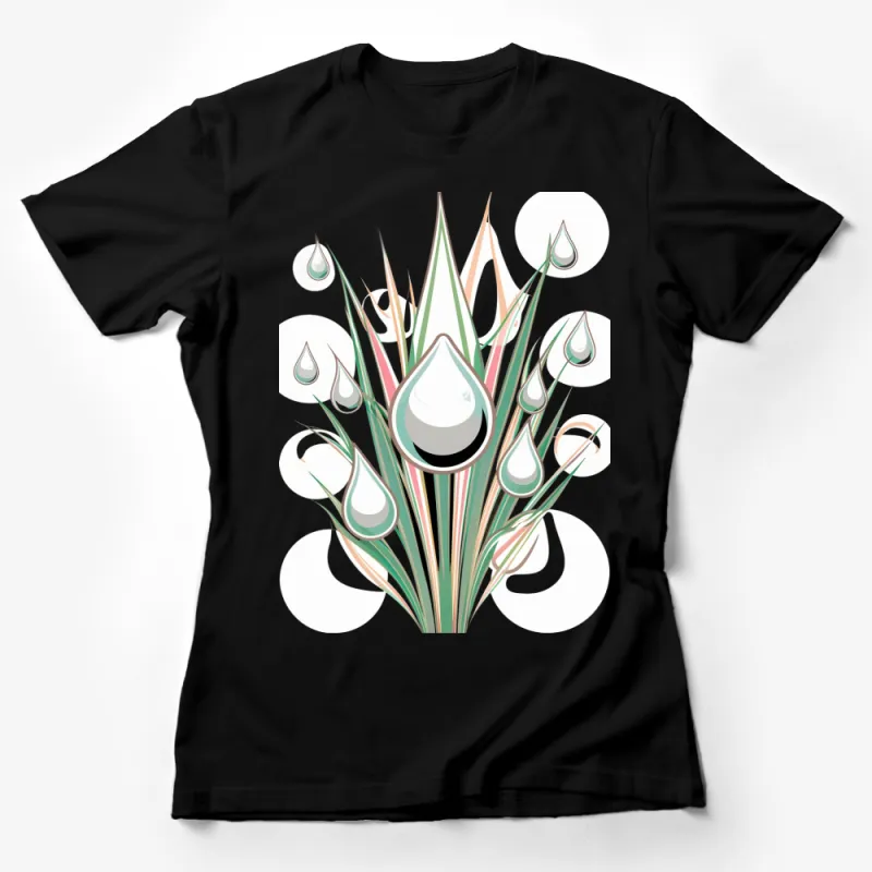 Abstract Water Drop and Green Leaves Graphic T-Shirt, Unique Nature Inspired Design, Eco-Friendly Print Female T-Shirt