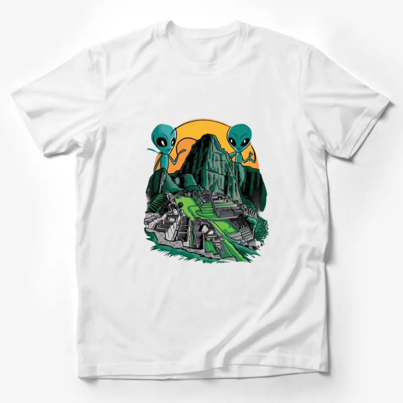 Alien Visit Machu Picchu Graphic T-Shirt, Colorful UFO and Ancient Ruins, Unisex Tee Male T-Shirt