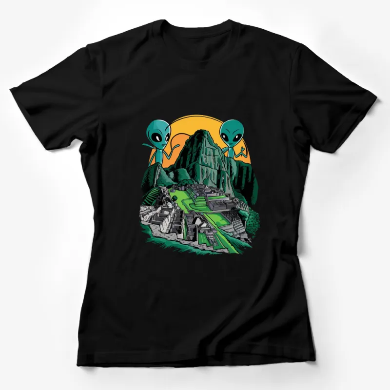 Alien Visit Machu Picchu Graphic T-Shirt, Colorful UFO and Ancient Ruins, Unisex Tee Female T-Shirt