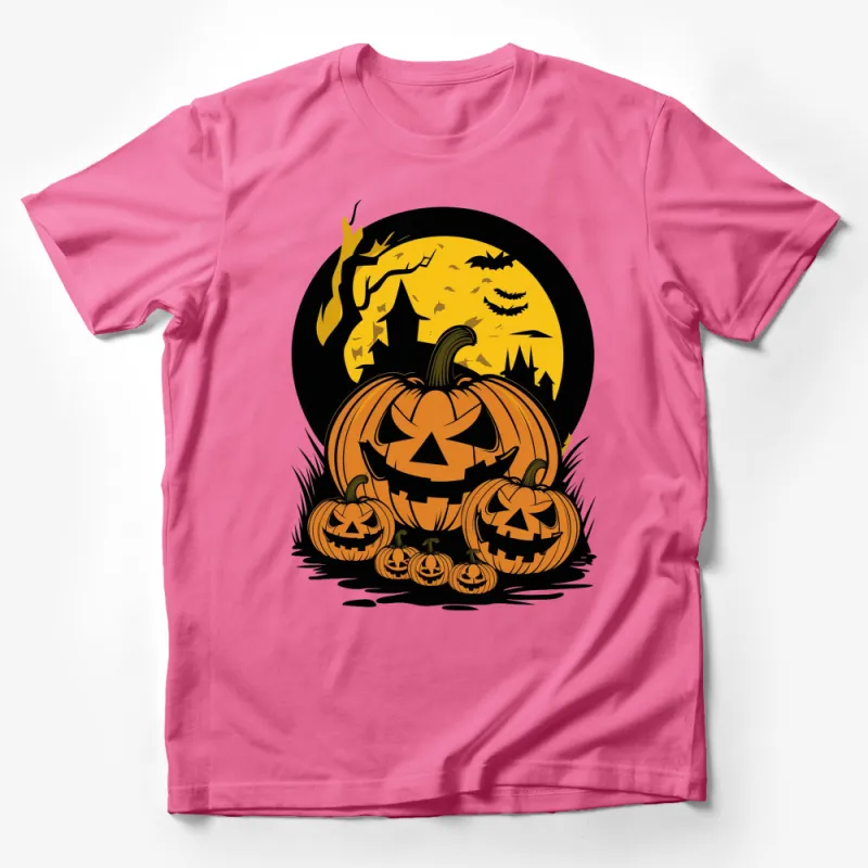 Halloween Pumpkin T-Shirt, Spooky Moon and Bats Graphic Tee, Fall Festival Apparel, Orange and Black Male T-Shirt