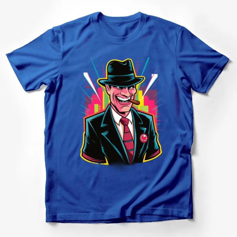 Retro Gangster Cartoon Character T-Shirt, Vintage Mobster with Cigar, Colorful Urban Background, Unisex Tee Male T-Shirt