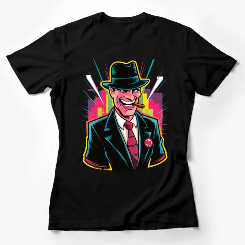 Retro Gangster Cartoon Character T-Shirt, Vintage Mobster with Cigar, Colorful Urban Background, Unisex Tee Female T-Shirt