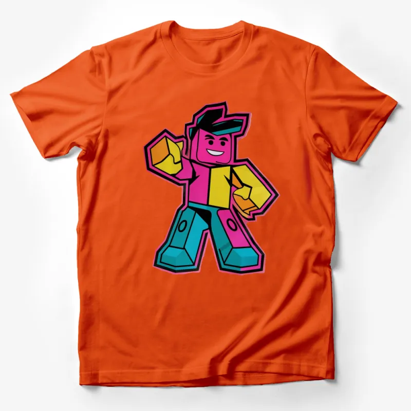 Colorful Pixel Robot T-Shirt, Retro Style Video Game Fan Apparel, Unique Graphic Tee Male T-Shirt