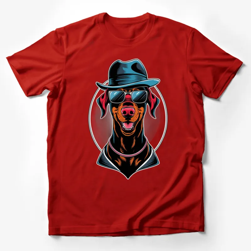 Cool Doberman with Sunglasses and Hat Graphic T-Shirt, Stylish Dog Tee, Trendy Animal Shirt for Dog Lovers Male T-Shirt