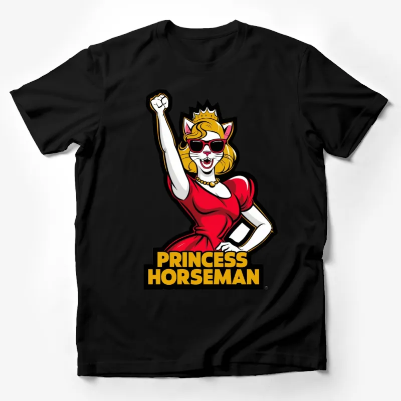 Funky Cat Princess Horseman T-Shirt, Cartoon Cat in Red Dress, Cool Sunglasses and Crown Tee Male T-Shirt