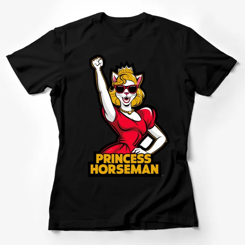 Funky Cat Princess Horseman T-Shirt, Cartoon Cat in Red Dress, Cool Sunglasses and Crown Tee Female T-Shirt